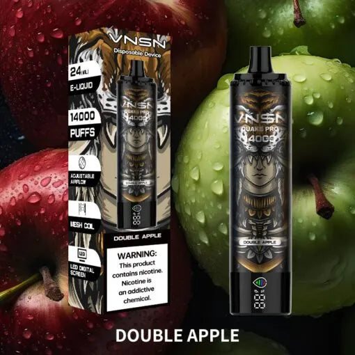 Disposable vape device, black with Double Apple label and 14000 puffs artwork