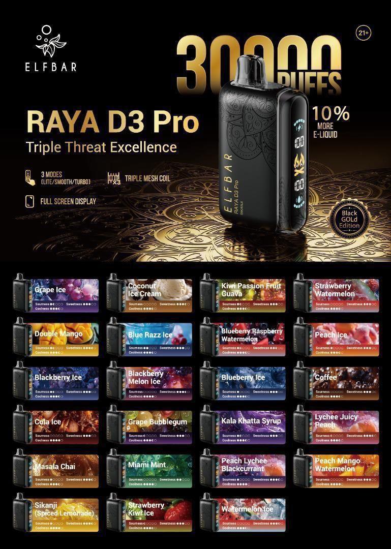 Elf bar Raya d3 pro 30000 puffs 50mg nicotine triple mode disposable - Vape Escape UAE
