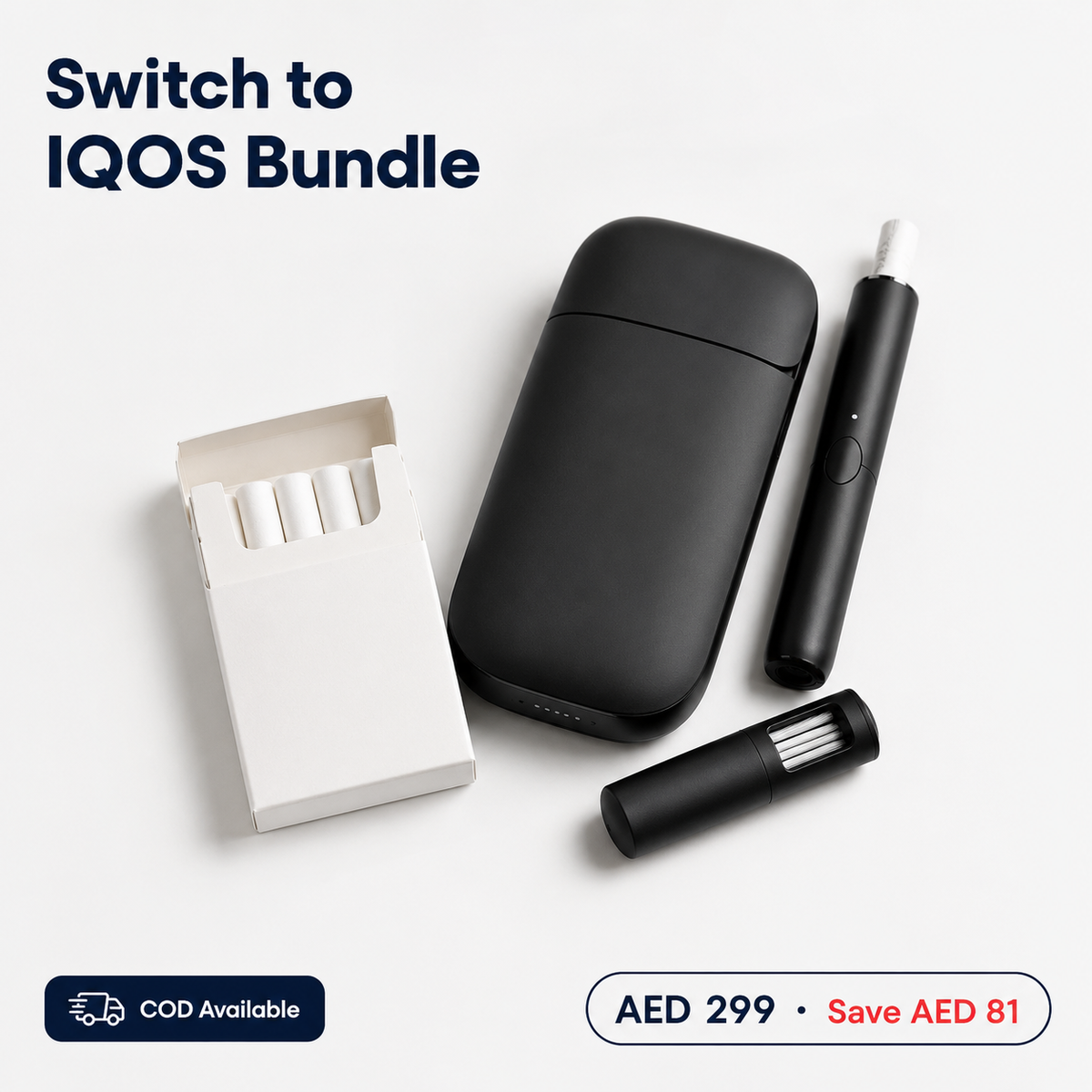 IQOS bundle: black device, two charging sticks, and white holder