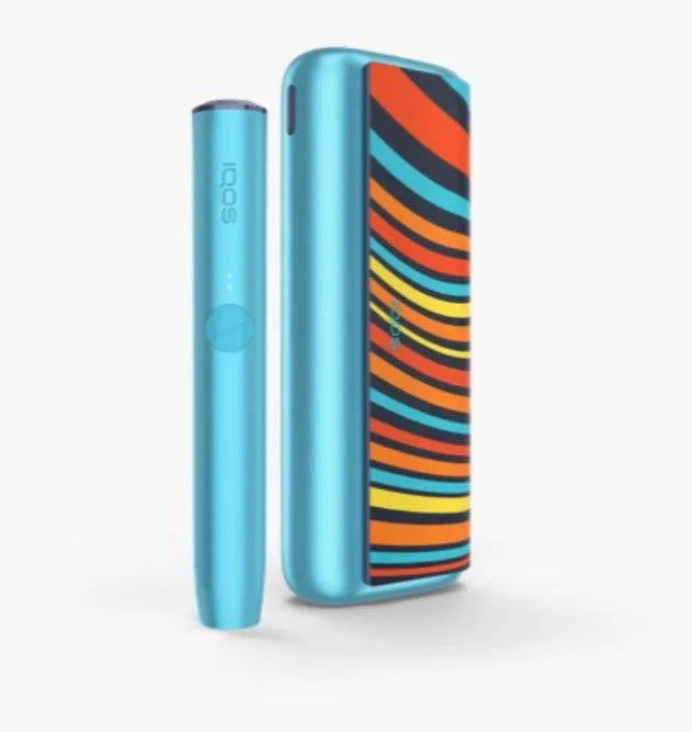 Light blue IQOS ILUMA Prime device set with striped cover and stick