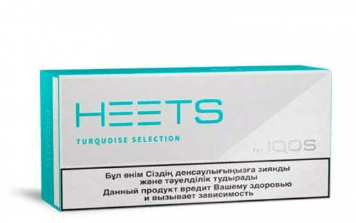 Turquoise HEETS selection box for IQOS, white and teal with HEETS text
