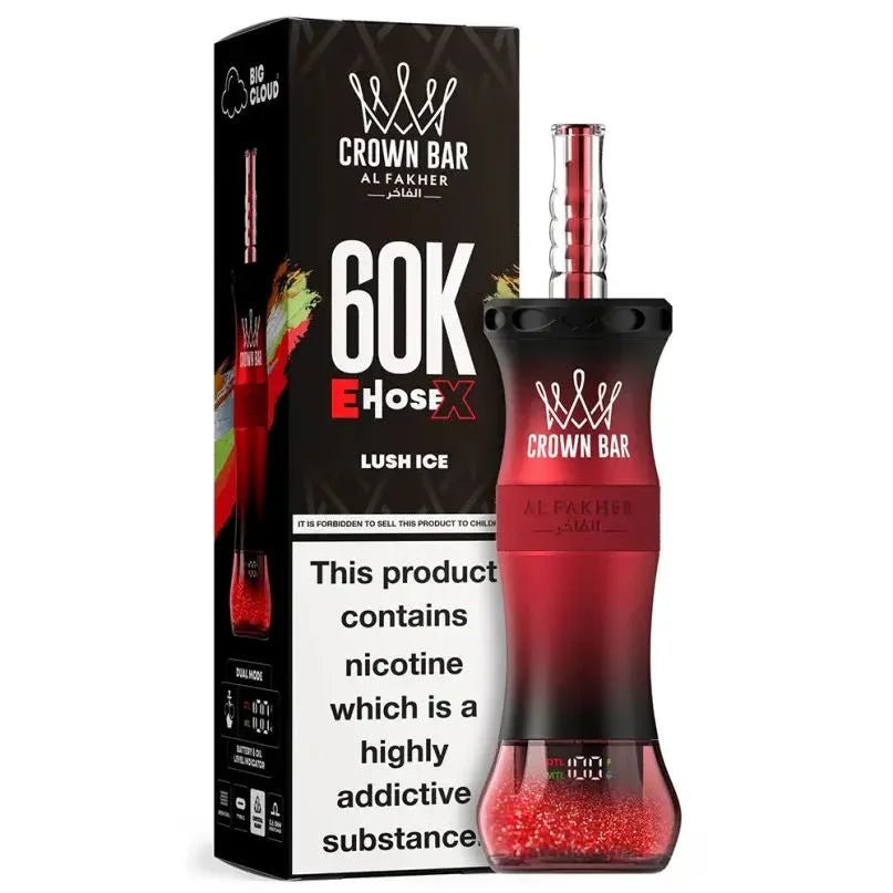 Al Fakher Crown Bar disposable vape, black and red with clear mouthpiece and tank