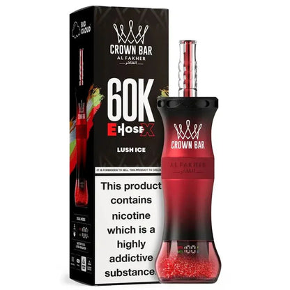 Al Fakher Crown Bar disposable vape, black and red with clear mouthpiece and tank