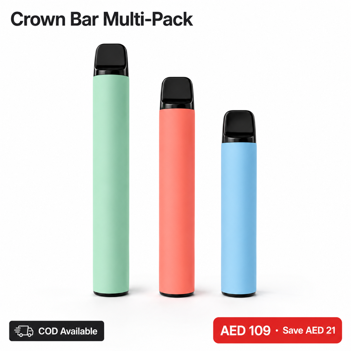 Al Fakher Crown Bar multi-pack with three disposable bars: mint, coral red, and light blue.