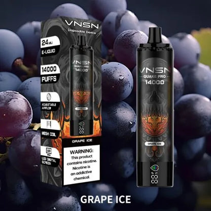 Disposable vape device, black with Grape Ice artwork and 14000 puffs display