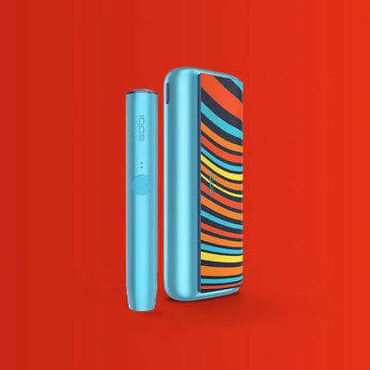 Light blue IQOS ILUMA Prime device with striped cover, upright view