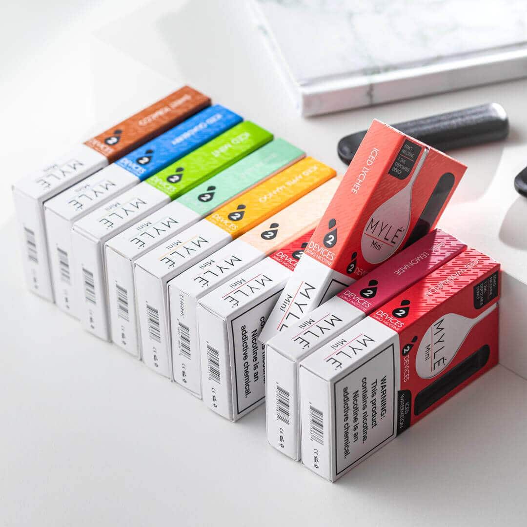 MYLÉ Mini disposable vape devices, multiple color boxes with black devices and mouthpieces