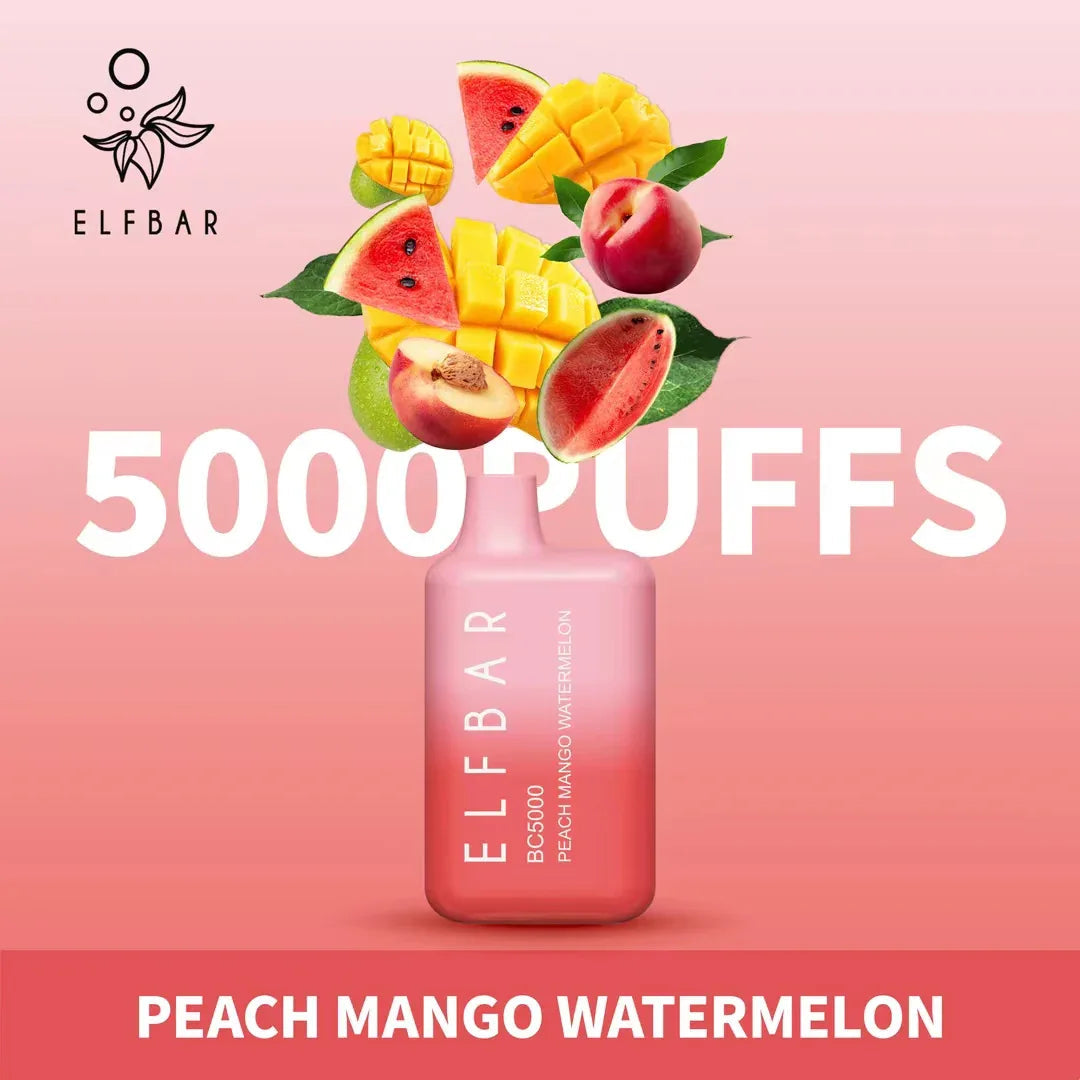 BC5000 disposable vape in pink for Peach Mango Watermelon, 5000 puffs.
