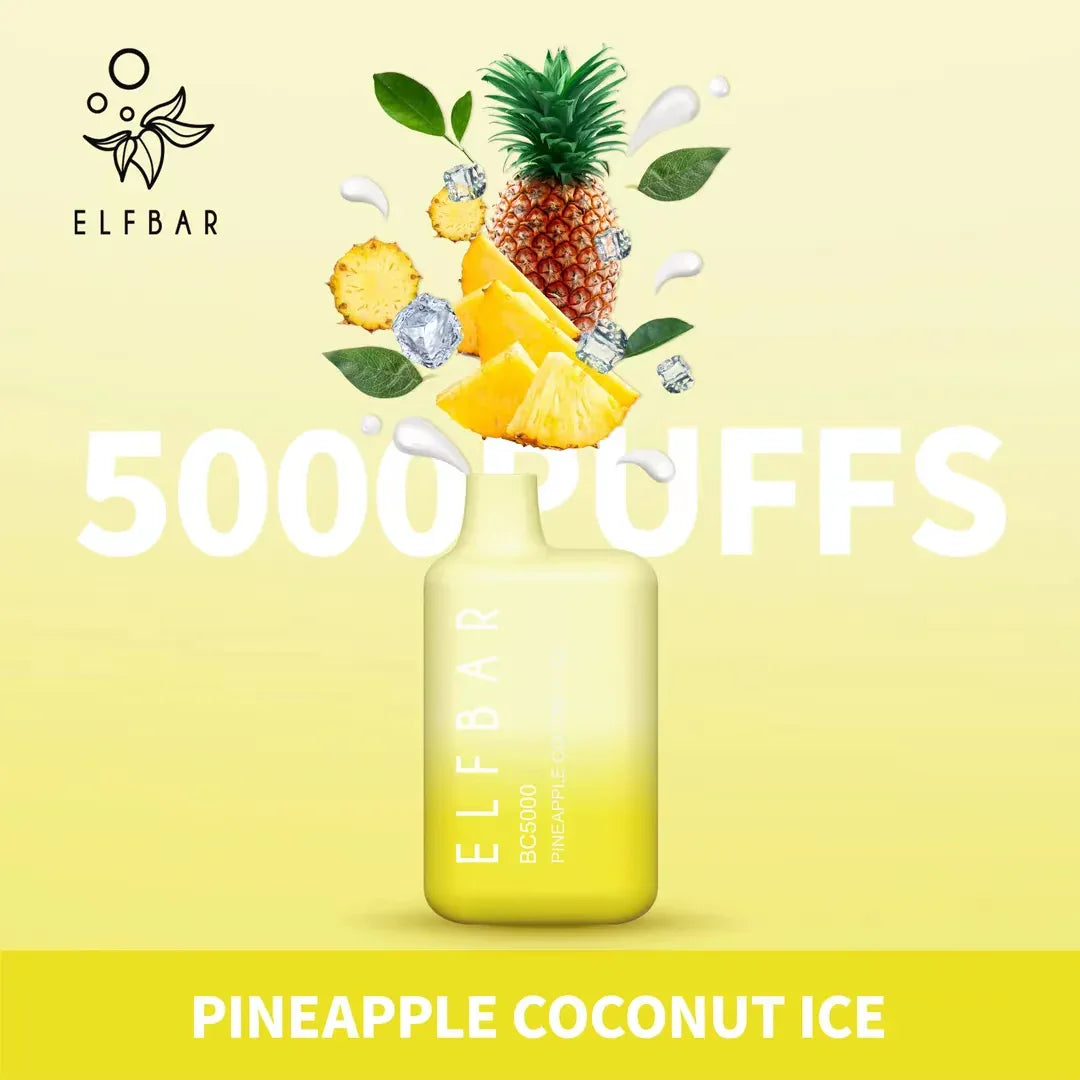 BC5000 disposable vape in pale yellow for Pineapple Coconut Ice, 5000 puffs.