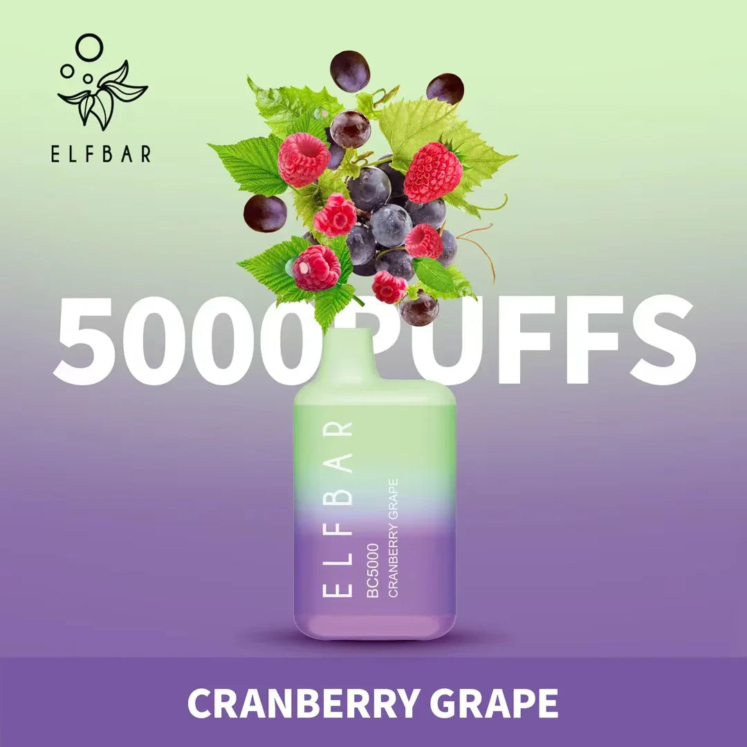 BC5000 disposable vape in mint green for Cranberry Grape, 5000 puffs.
