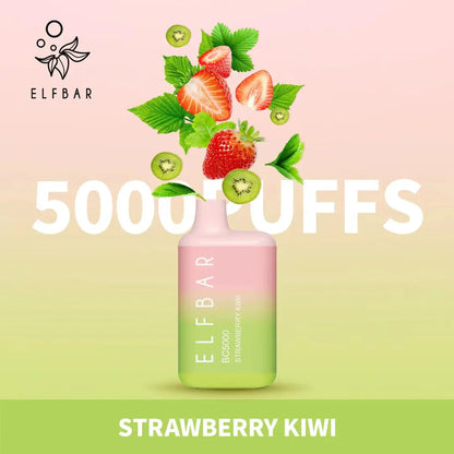 Strawberry kiwi flavored disposable vape, pink and light green bottle with fruit graphics