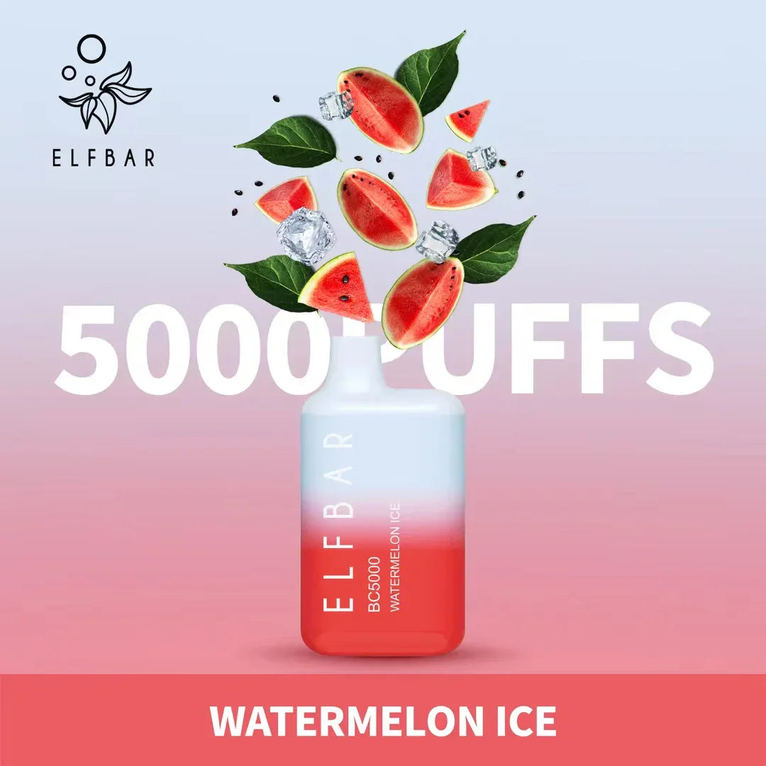 Watermelon Ice flavored disposable vape, pastel blue and red bottle with watermelon graphics