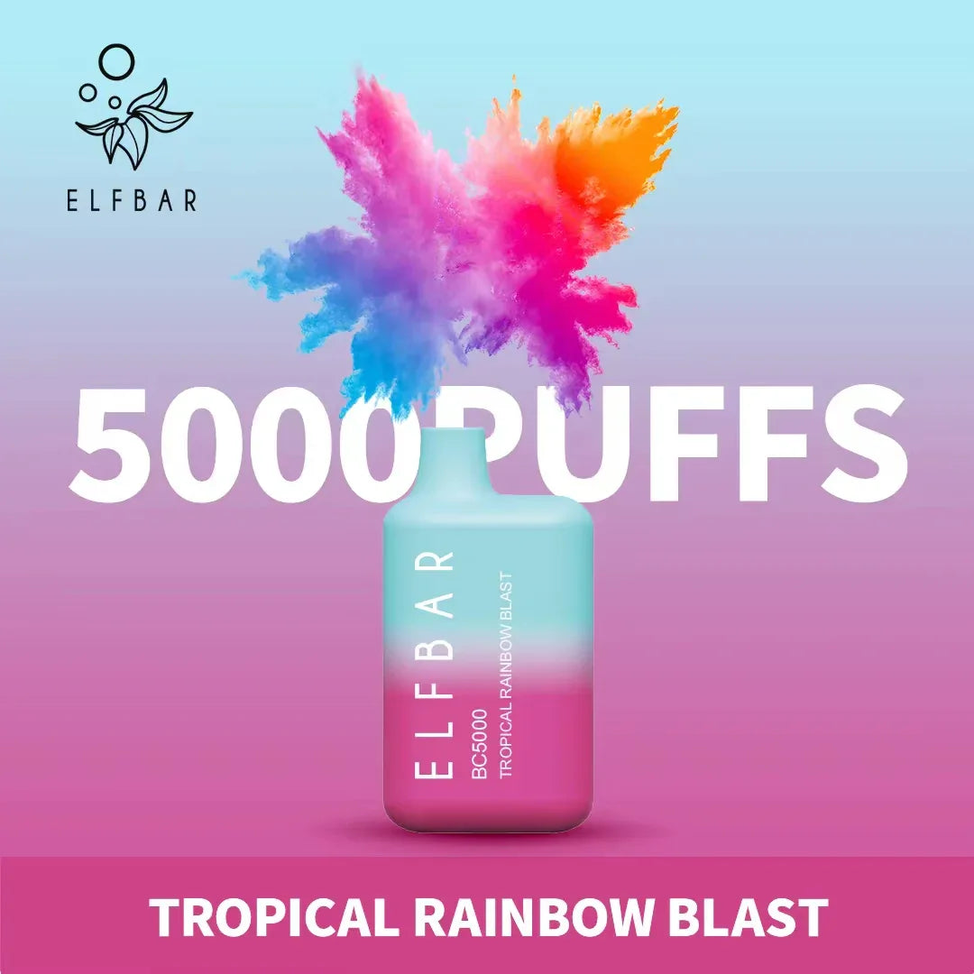 Tropical Rainbow Blast flavored disposable vape, blue bottle with colorful ink splash design
