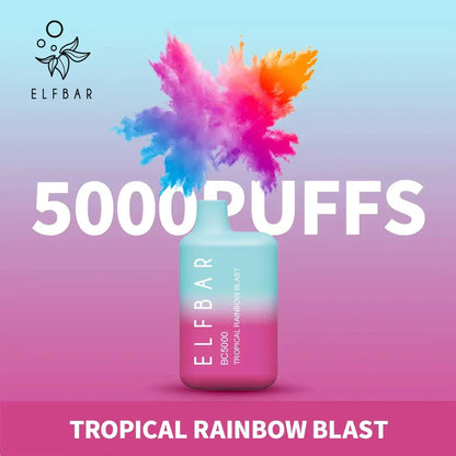 Tropical Rainbow Blast flavored disposable vape, blue bottle with colorful ink splash design