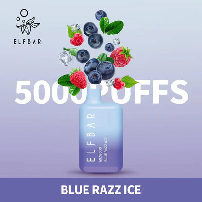 Blue Razz Ice flavored disposable vape, light blue bottle with blueberries and ice graphics