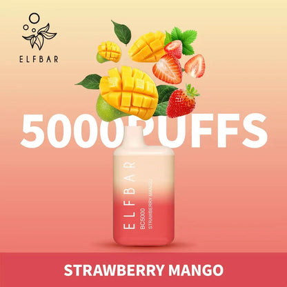 Strawberry Mango flavored disposable vape, cream and red bottle with mango and strawberry graphics