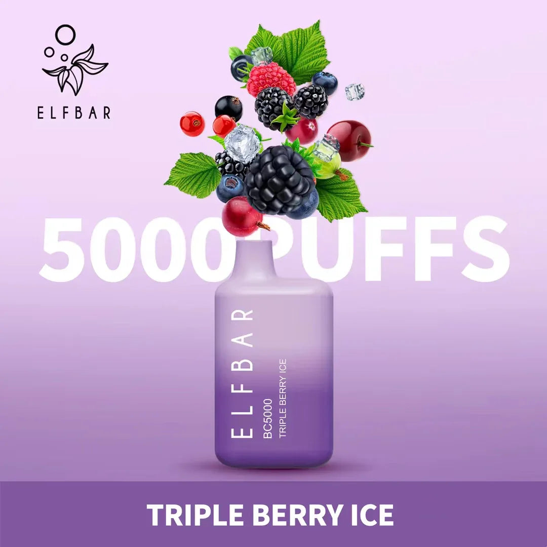 Triple Berry Ice flavored disposable vape, purple bottle with mixed berries and ice graphics