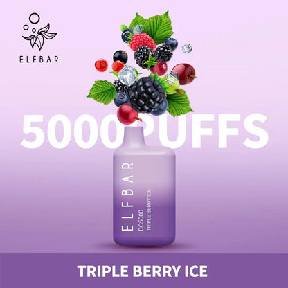 Triple Berry Ice flavored disposable vape, purple bottle with mixed berries and ice graphics