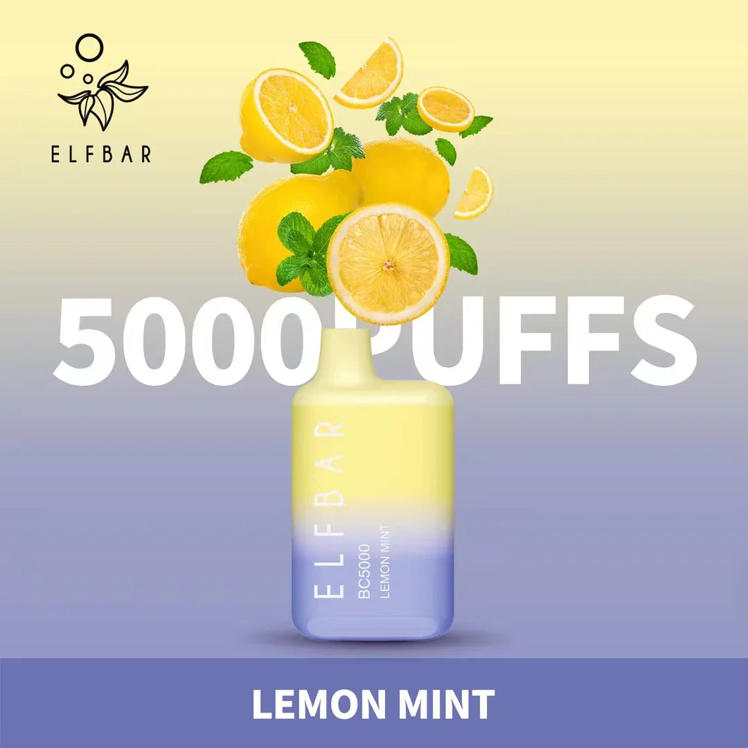 Lemon Mint flavored disposable vape, yellow bottle with lemons and mint leaves graphics