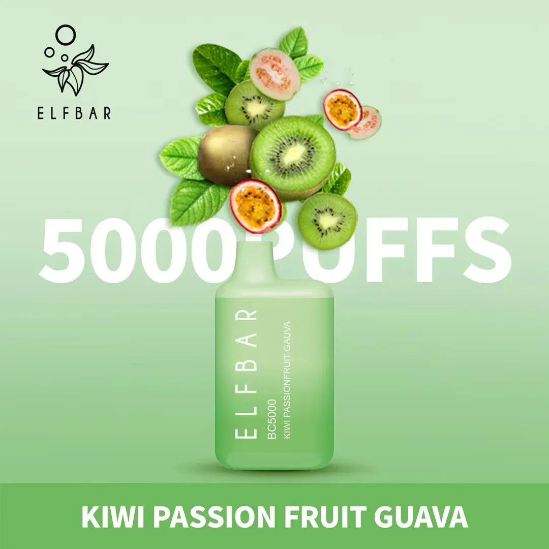 Kiwi Passion Fruit Guava flavored disposable vape, light green bottle with kiwi and tropical fruit graphics
