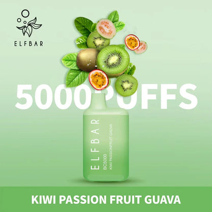 Kiwi Passion Fruit Guava flavored disposable vape, light green bottle with kiwi and tropical fruit graphics