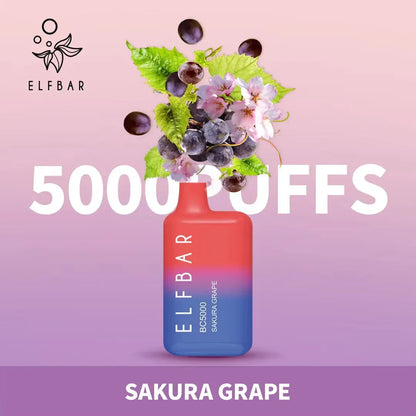 Sakura Grape flavored disposable vape, red and blue bottle with purple grapes and flowers
