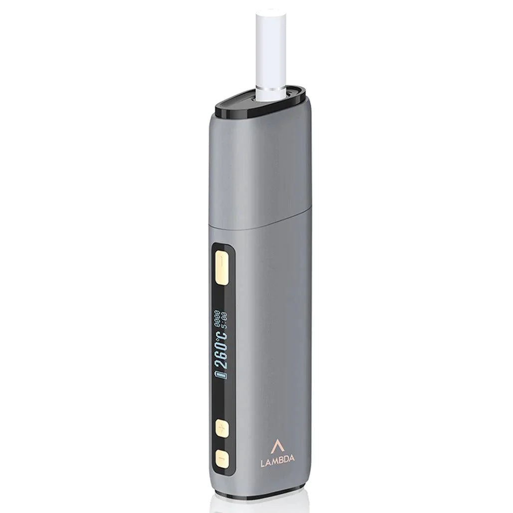 Gray LAMBDA CC heat stick device with indicator windows and mouthpiece holder