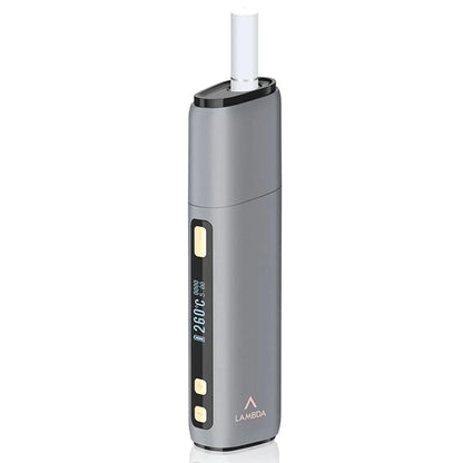 Gray LAMBDA CC heat stick device with indicator windows and mouthpiece holder