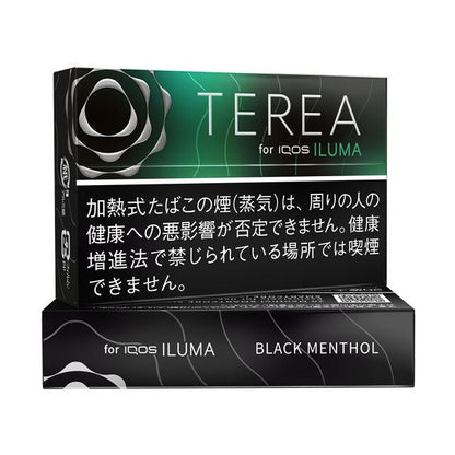Terea Black Menthol tobacco sticks for IQOS ILUMA box, front and side view