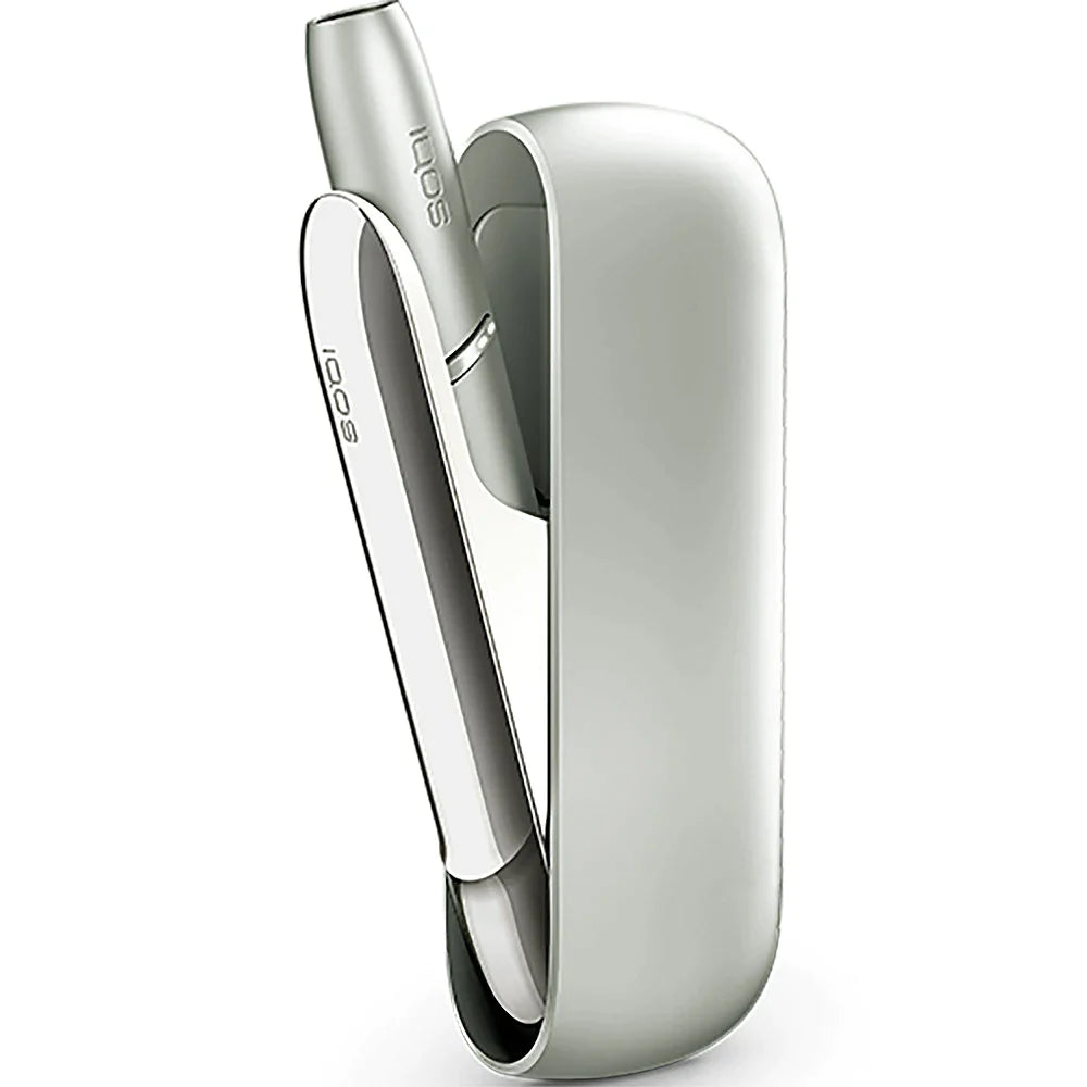 IQOS 3 DUO Moonlight Silver device with holder, side view
