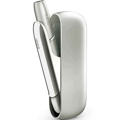 IQOS 3 DUO Moonlight Silver device with holder, side view
