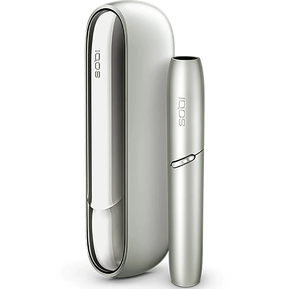IQOS 3 DUO Moonlight Silver device and stick holder, angled view