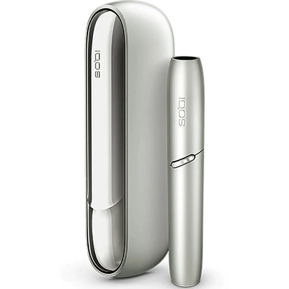 IQOS 3 DUO Moonlight Silver device and stick holder, angled view