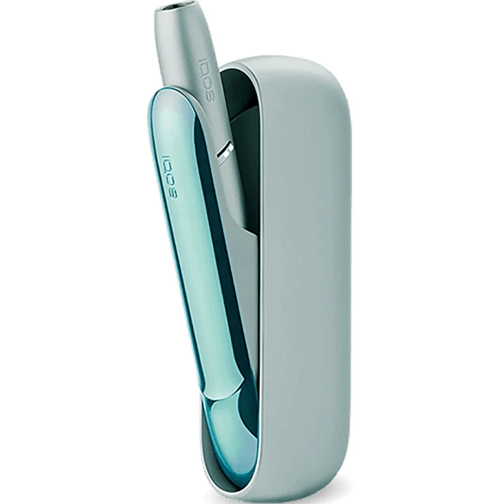 IQOS 3 DUO Lucid Teal device, open with two teal sticks