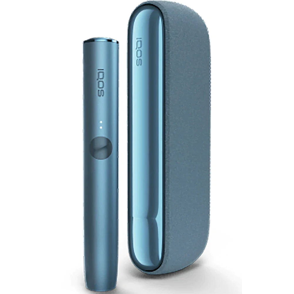 IQOS Iluma Azure Blue vape device with holder case, side view