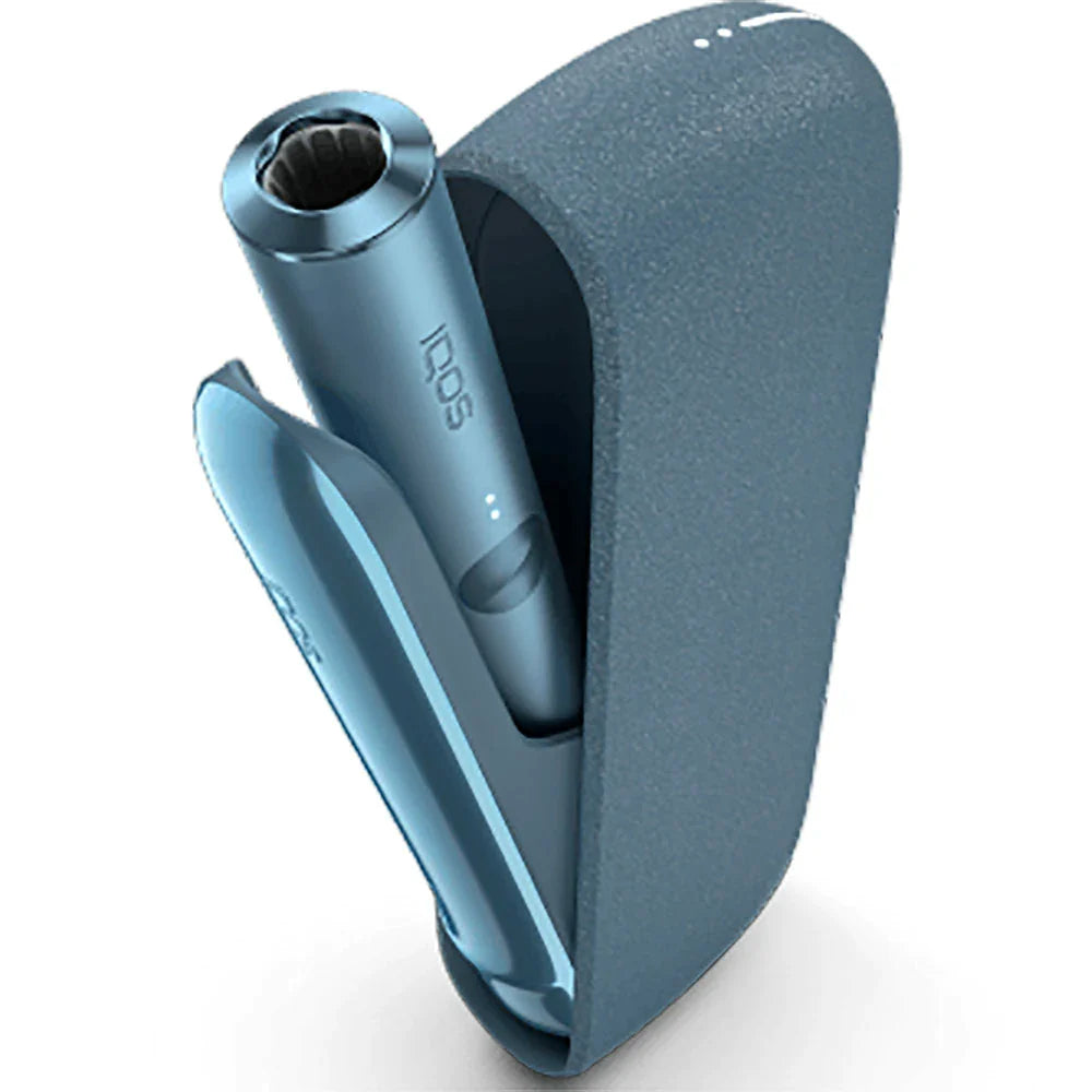 IQOS Iluma Azure Blue vape device in open holder case, angled view