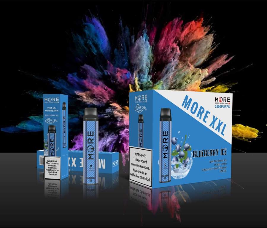 MORE XXL disposable vape device box and unit, Blueberry Ice flavor.