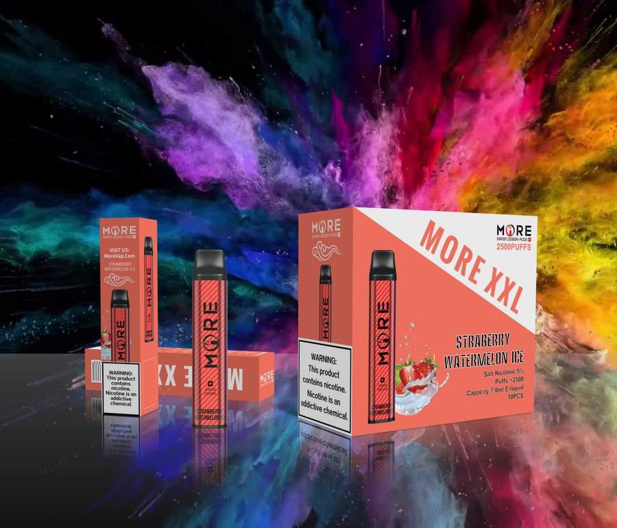 MORE XXL disposable vape device box and unit, Strawberry Watermelon Ice flavor.