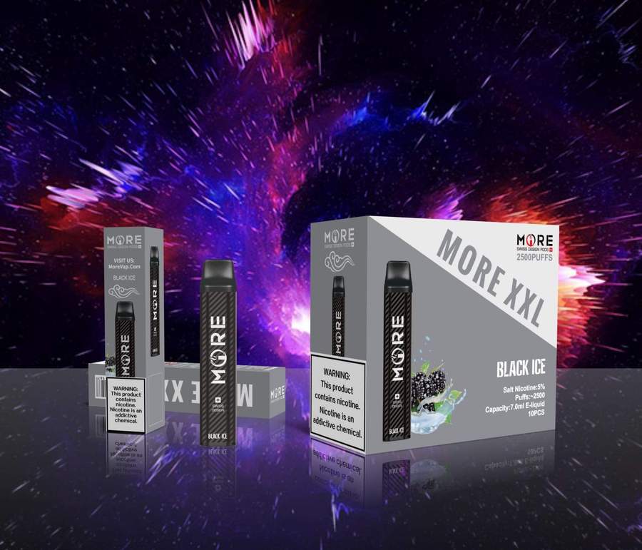 MORE XXL disposable vape device box and unit, Black Ice flavor.