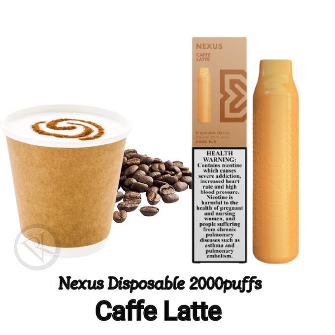 Caffe Latte flavored disposable vape device with latte cup and coffee beans