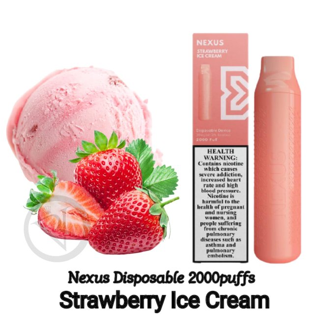 Strawberry Ice Cream flavored disposable vape device with strawberry ice cream scoop