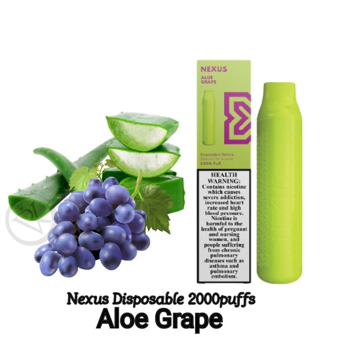 Aloe Grape flavored disposable vape device with grapes and aloe leaf