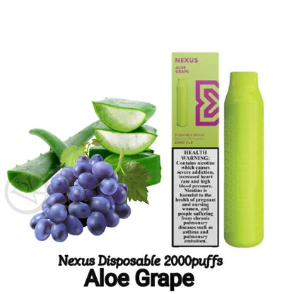 Aloe Grape flavored disposable vape device with grapes and aloe leaf