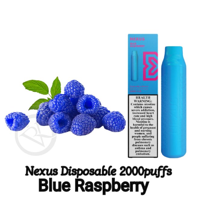 Blue Raspberry flavored disposable vape device with blueberry-like berries and leaves