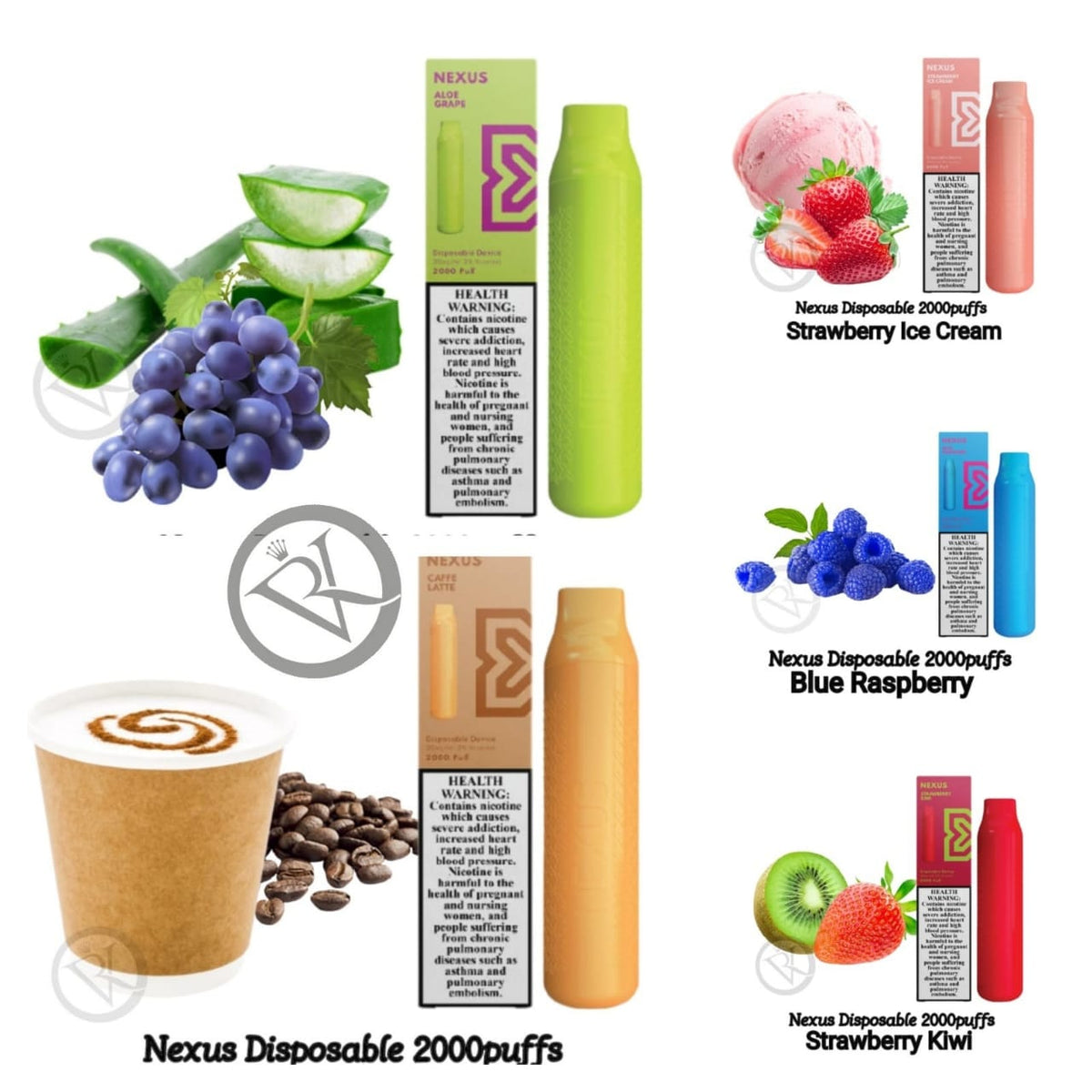Assorted disposable vape devices with fruit and drink illustrations