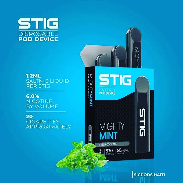 STIG disposable pod device 3-pack, Mighty Mint flavor, black and blue packaging