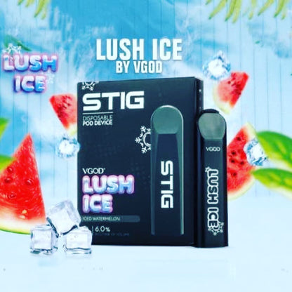 STIG disposable pod device 3-pack, Lush Ice VGOD flavor, black and ice-blue box