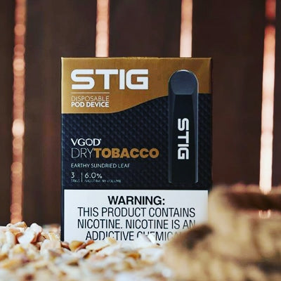 STIG disposable pod device 3-pack, VGOD Dry Tobacco flavor, brown warning box