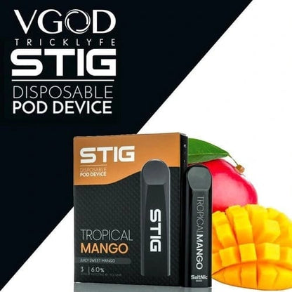 STIG disposable pod device 3-pack, Tropical Mango flavor, boxed vape with fruit graphics