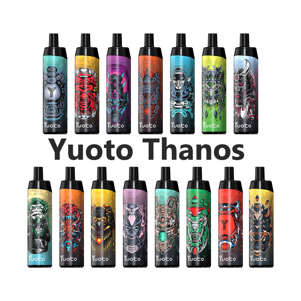 Assorted Yuoto Thanos disposable vapes with colorful illustrated designs